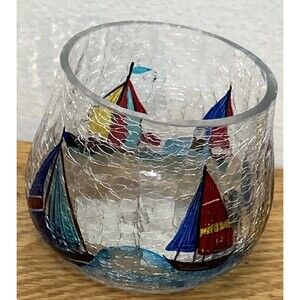 Yankee Candle Crackle Glass Votive Holder Sailboats Blue Red Yellow Coastal